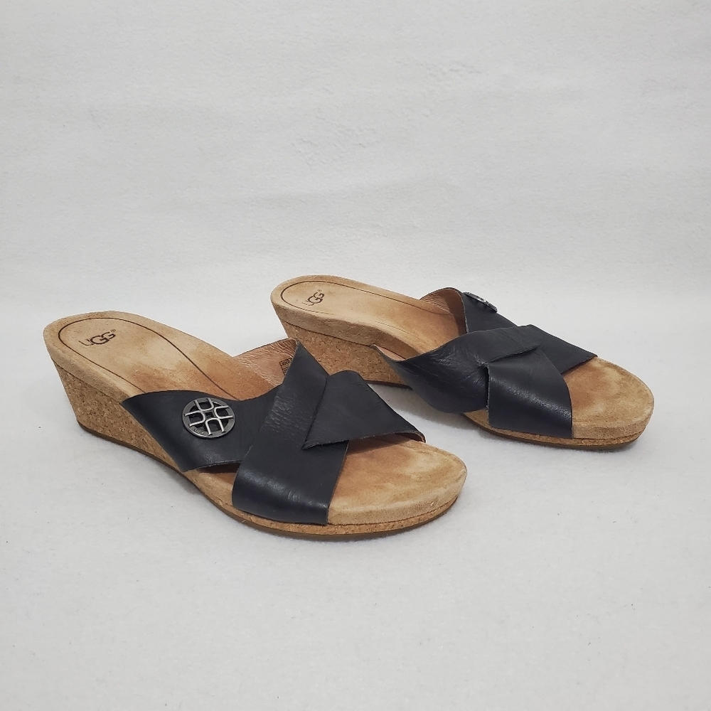 Ugg Lyra Leather Cork Wedge Slide Sandals
